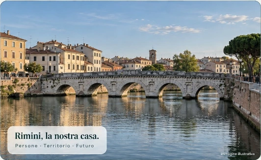 Ponte di Tiberio a Rimini baciato dalla luce naturale, centro storico e canale