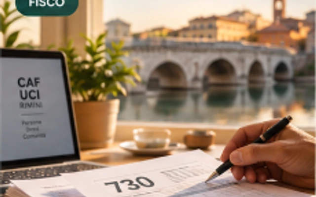 Compilazione modello 730 su scrivania con vista sul Ponte di Tiberio a Rimini