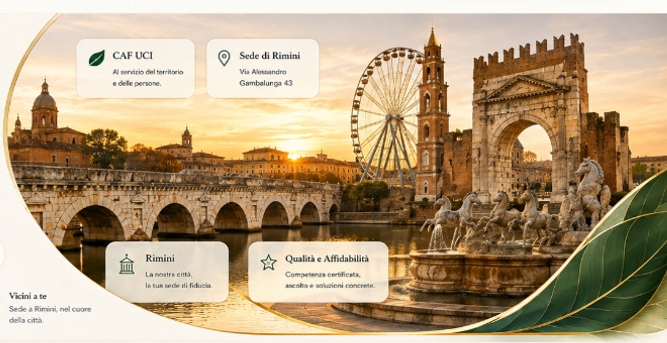 Composizione culturale di Rimini: Ponte di Tiberio, Arco d'Augusto, Fontana dei Quattro Cavalli e Ruota Panoramica
